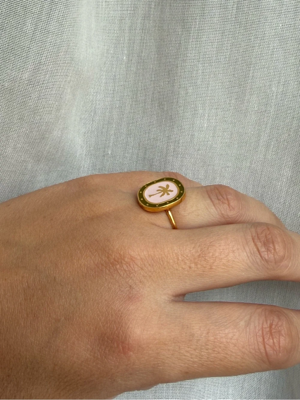 Gold Palm Tree Pink Enamel Ring